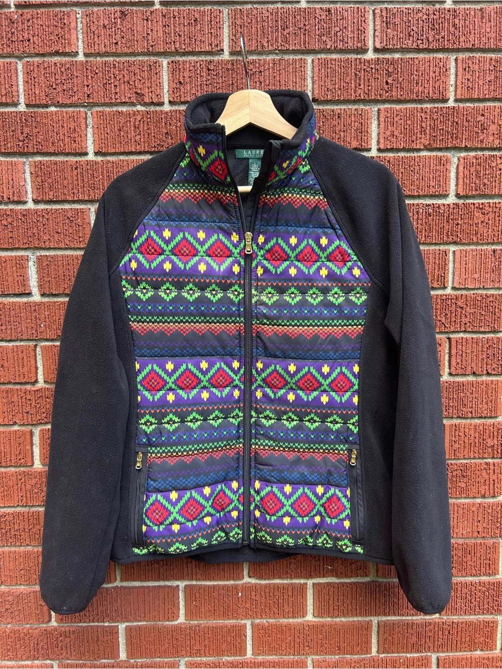 Lauren Ralph Lauren Fair Isle Quilted Fleece Jacket Black Multicolor L